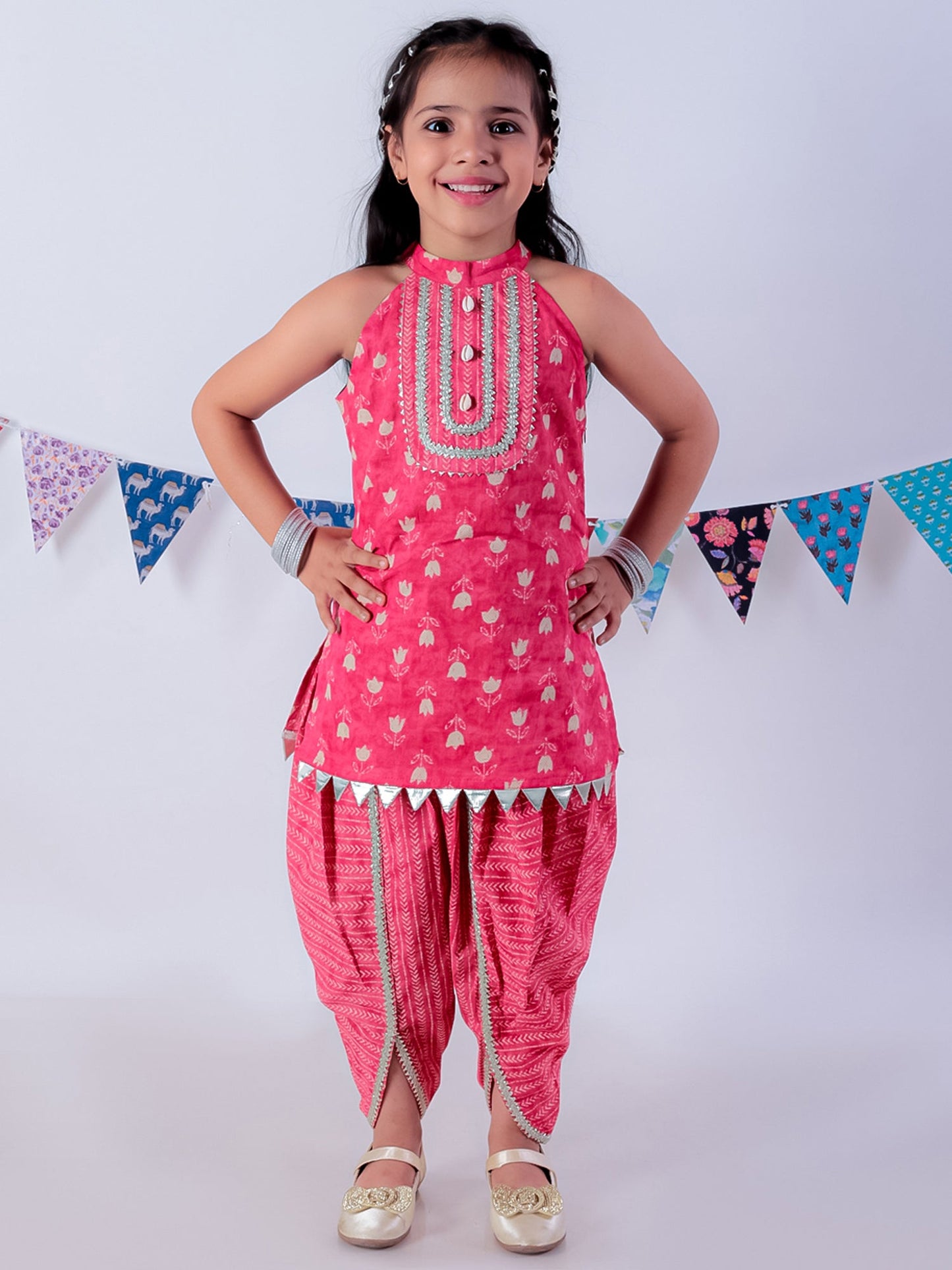 Jaipur Girls Red Cotton Kurta with Dhoti Ethnic Set