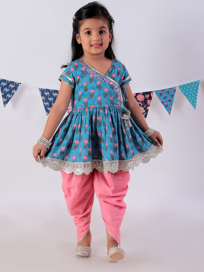 Jaipur Girls Blue Cotton Kurta with Dhoti Ethnic Set