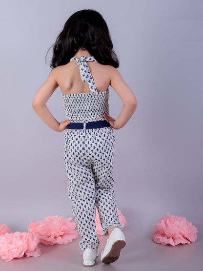 Jaipur Girls White Printed Top with Printed Pant Girls Co-ordinate set