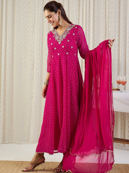 Ethnic Motifs Printed V-Neck Sequinned Georgette Kurta With Trousers & Dupatta