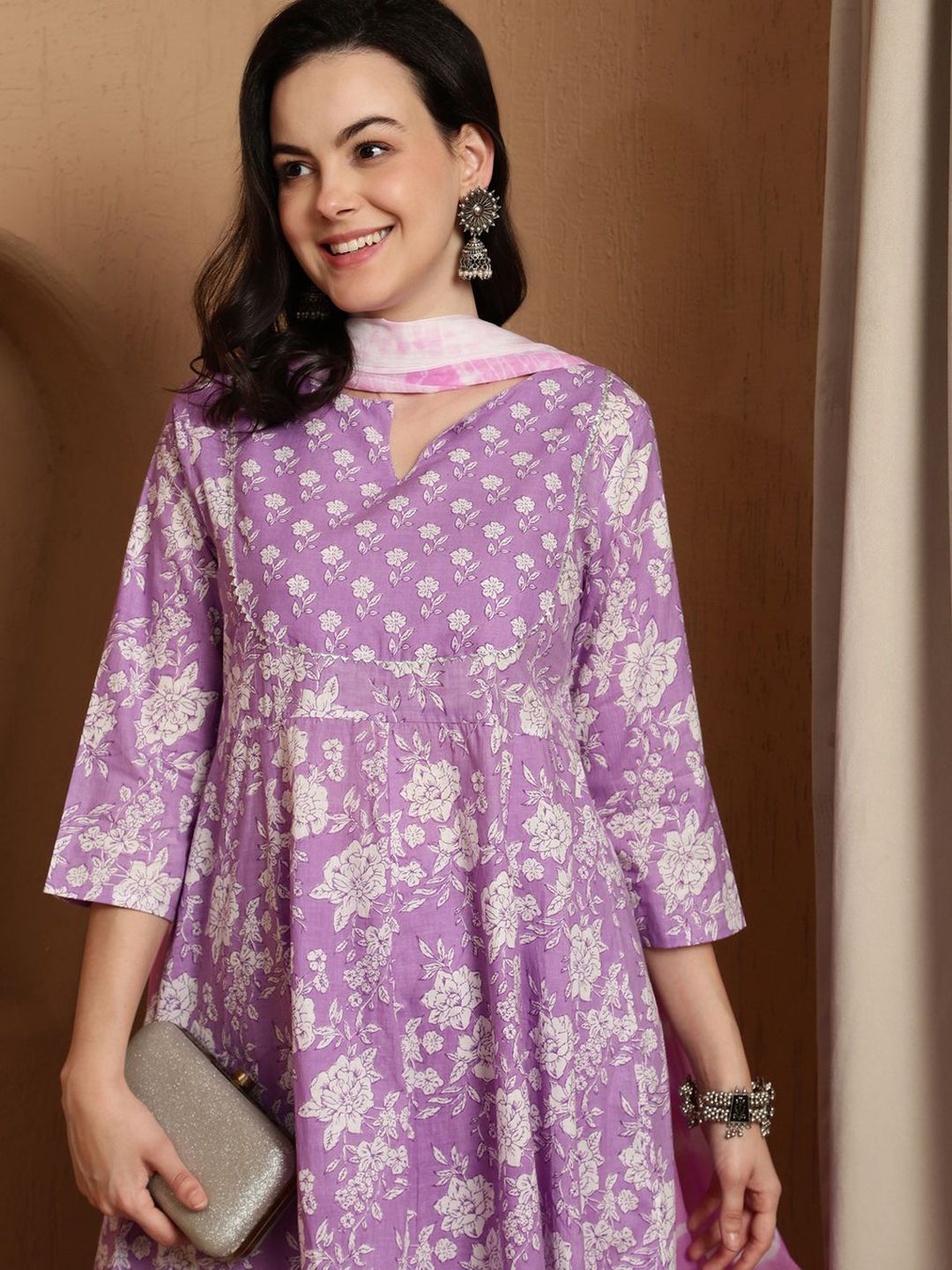Dhiyona SN Women's Floral Printed Notch Neck Pure Cotton Anarkali Kurta & Trousers With Dupatta