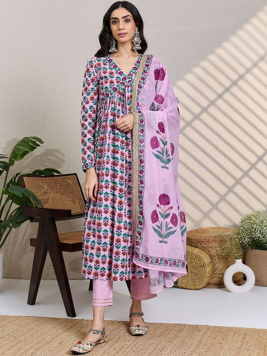 Women Floral Printed Empire Pure Cotton Kurta with Trousers & Dupatta