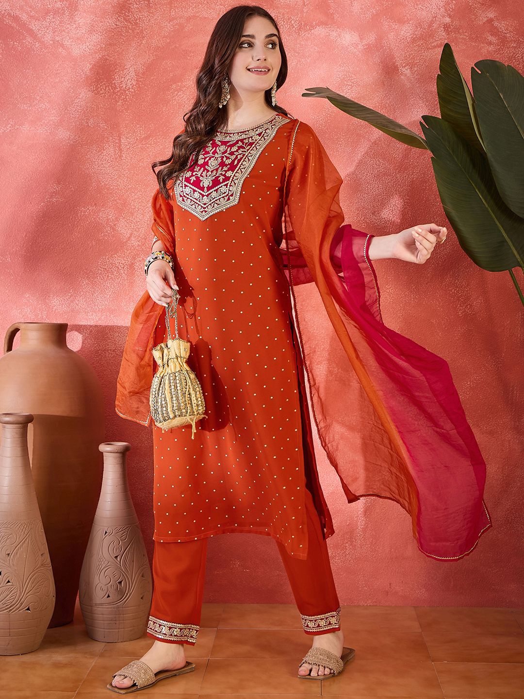Dhiyona SN Women's Polka Dots Printed V-Neck Thread Work Georgette Kurta With Trousers & Dupatta