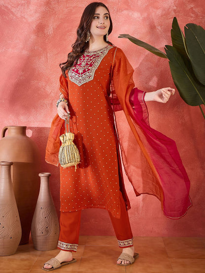 Dhiyona SN Women's Polka Dots Printed V-Neck Thread Work Georgette Kurta With Trousers & Dupatta