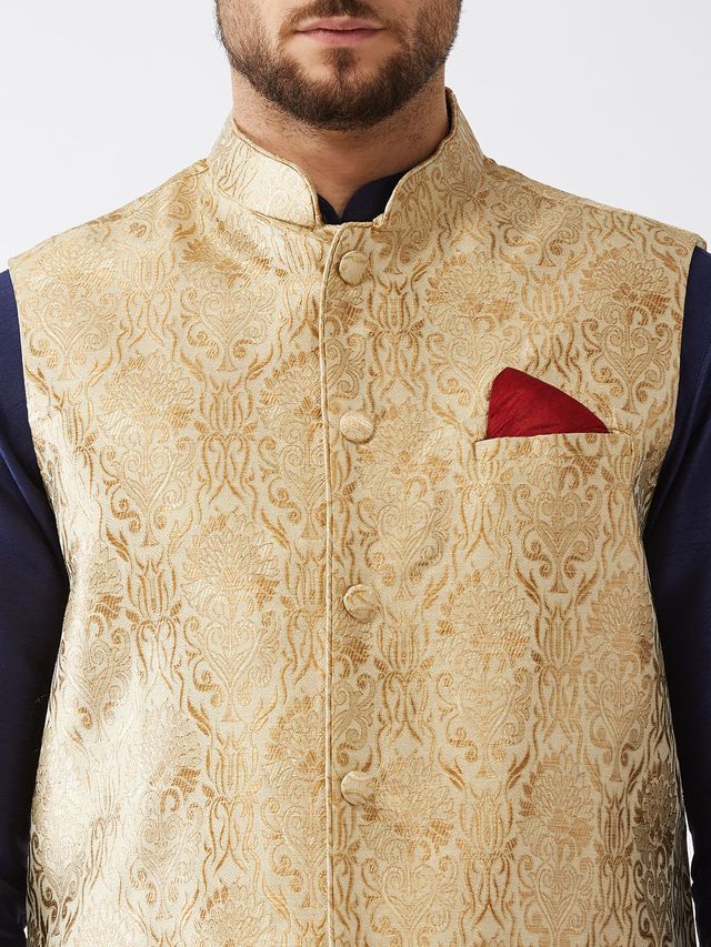 Men's Navy Blue Silk Blend Straight Jacket  Kurta and Dhoti Set