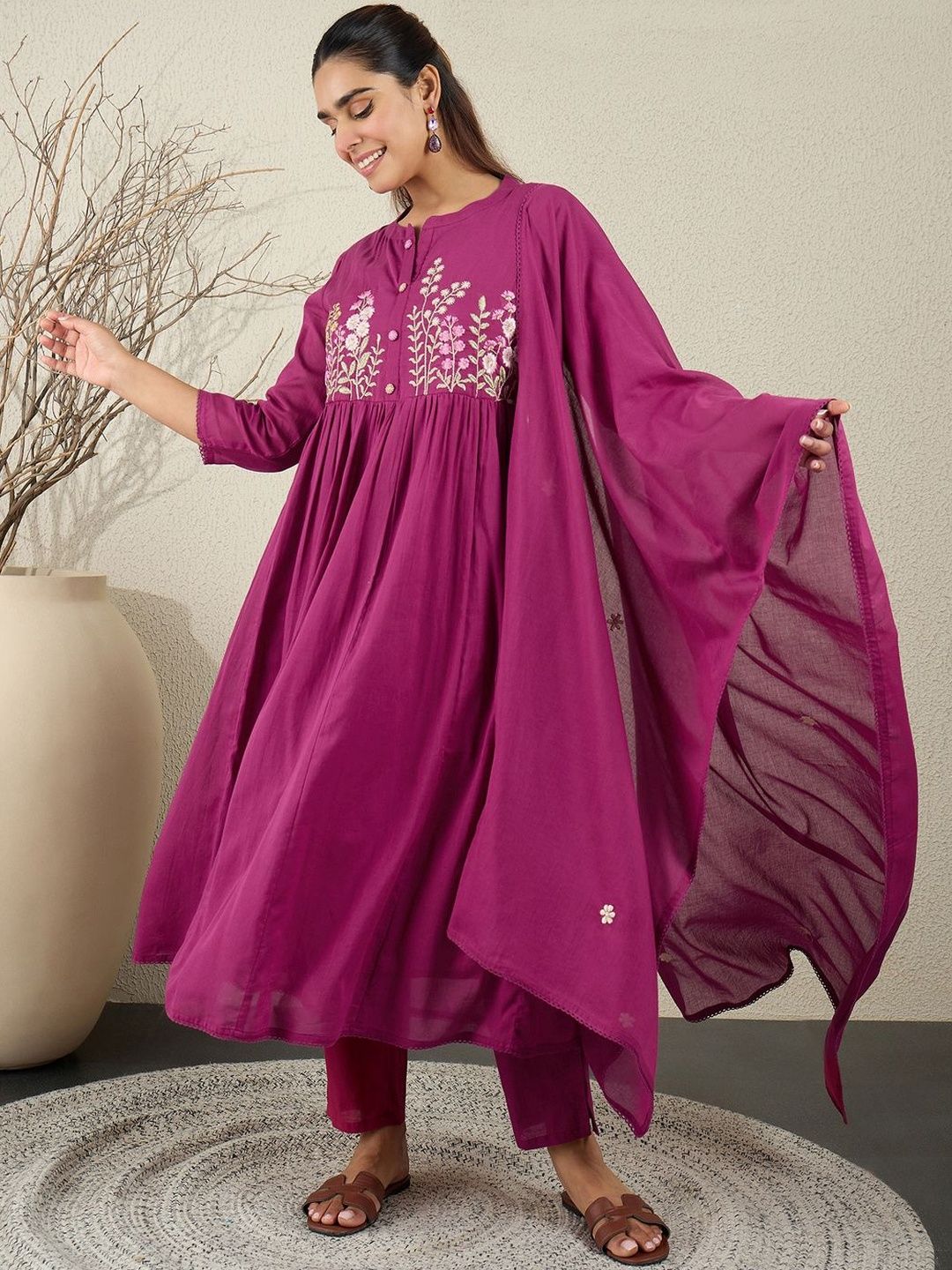 Women Floral Embroidered Cotton Anarkali Kurta with Trousers & Dupatta