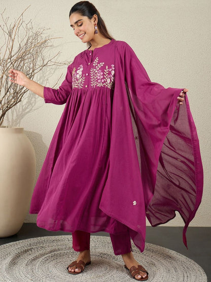 Women Floral Embroidered Cotton Anarkali Kurta with Trousers & Dupatta