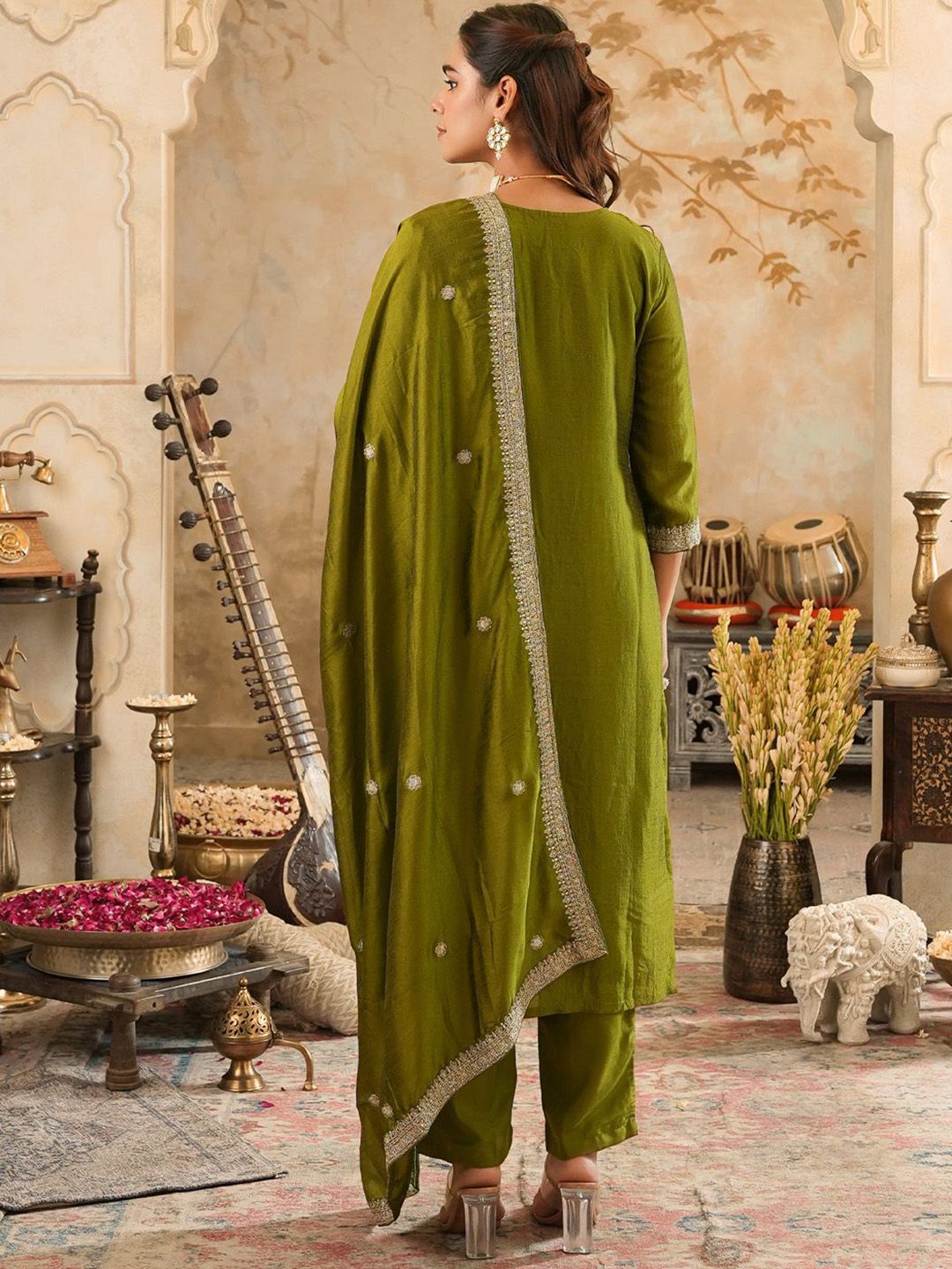 Ethnic Motifs Embroidered Regular Sequinned Kurta with Trousers & Dupatta