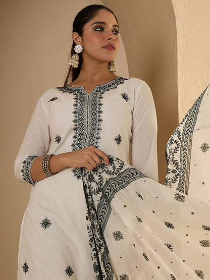 Dhiyona IE Women's Women Ethnic Motifs Pure Cotton Kurta with Trousers & With Dupatta Kurta Sets