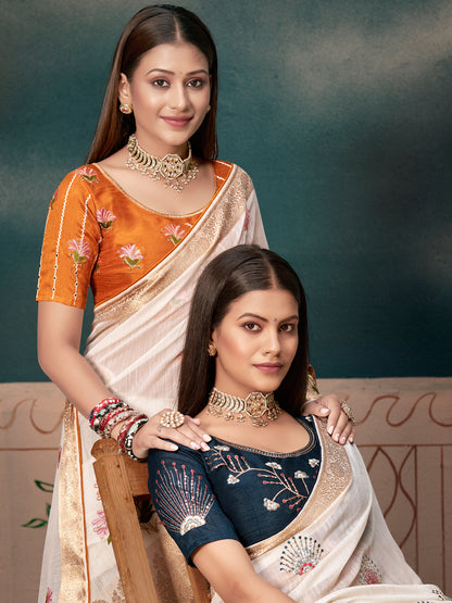 Women's Cotton Blend White Woven Design Designer Saree With Blouse Piece