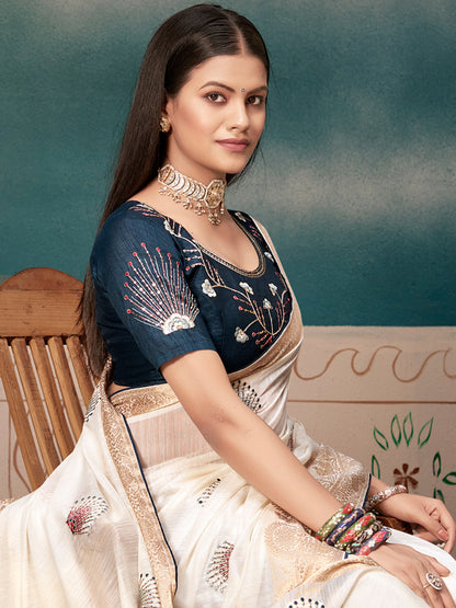 Women's Cotton Blend White Woven Design Designer Saree With Blouse Piece