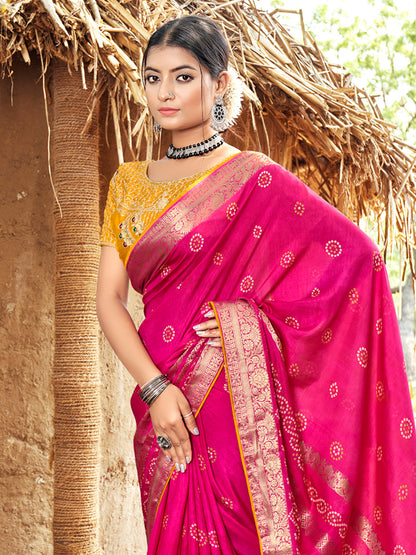 Women's Pure Silk Pink Woven Design Designer Saree With Blouse Piece