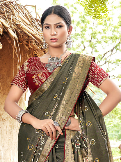 Women's Pure Silk Olive Woven Design Designer Saree With Blouse Piece