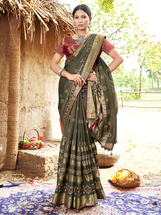 Women's Pure Silk Olive Woven Design Designer Saree With Blouse Piece