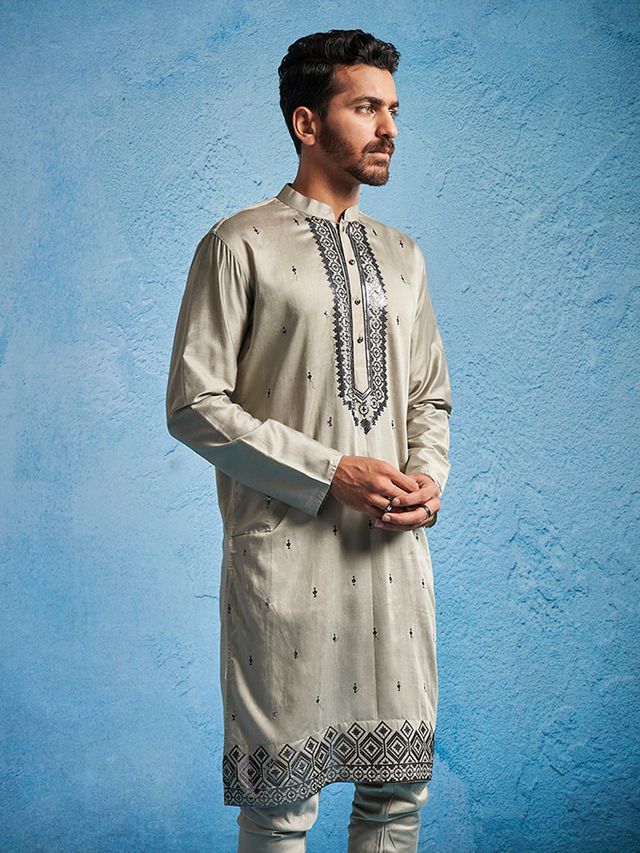 Men's Chiku Silk Blend Straight Kurta