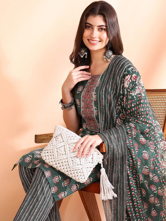 Dhiyona OD  Printed Mirror Work Pure Cotton Kurta With Trousers & Dupatta