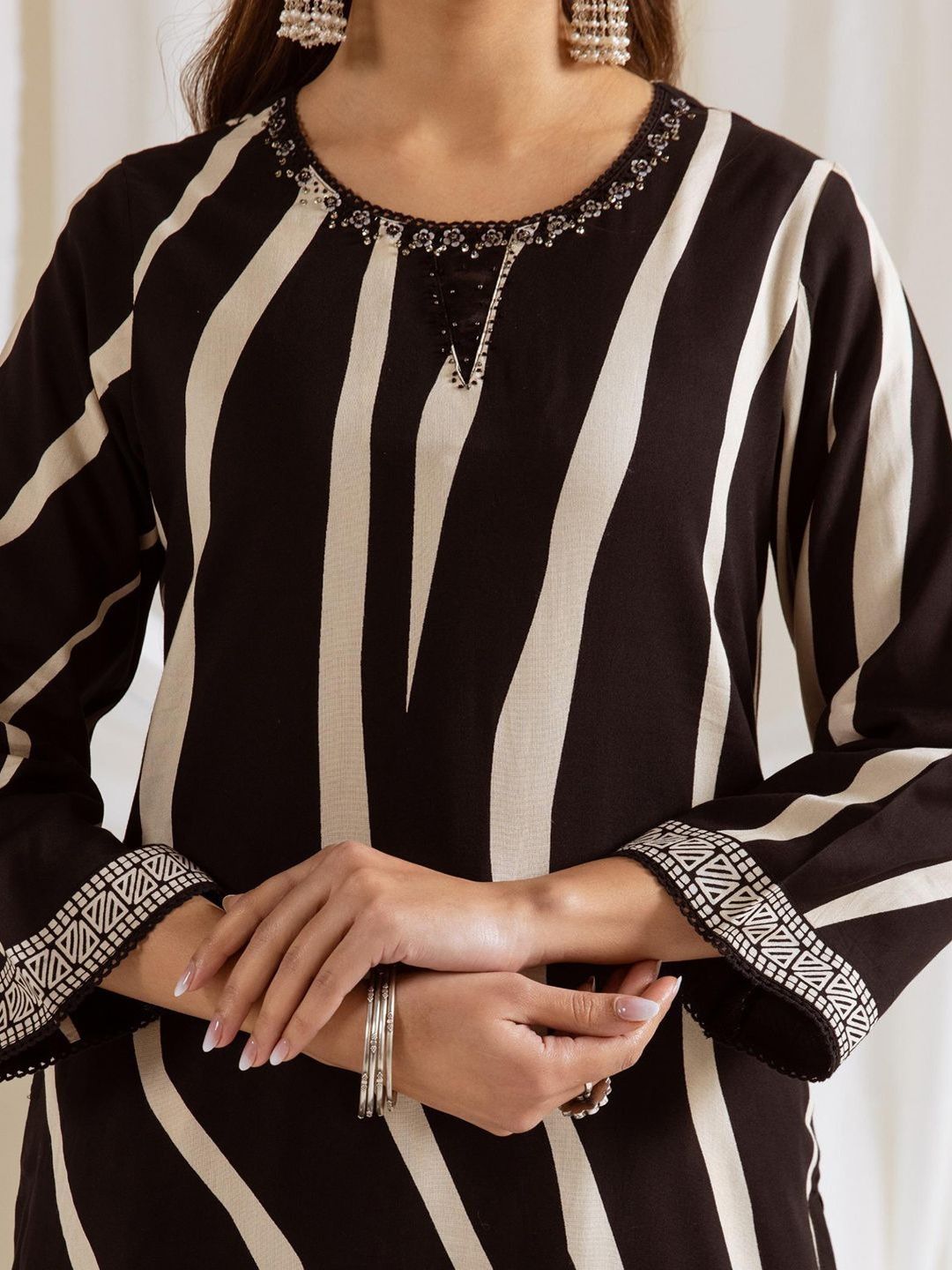 Women Striped Printed Beads and Stones Kurta with Palazzos