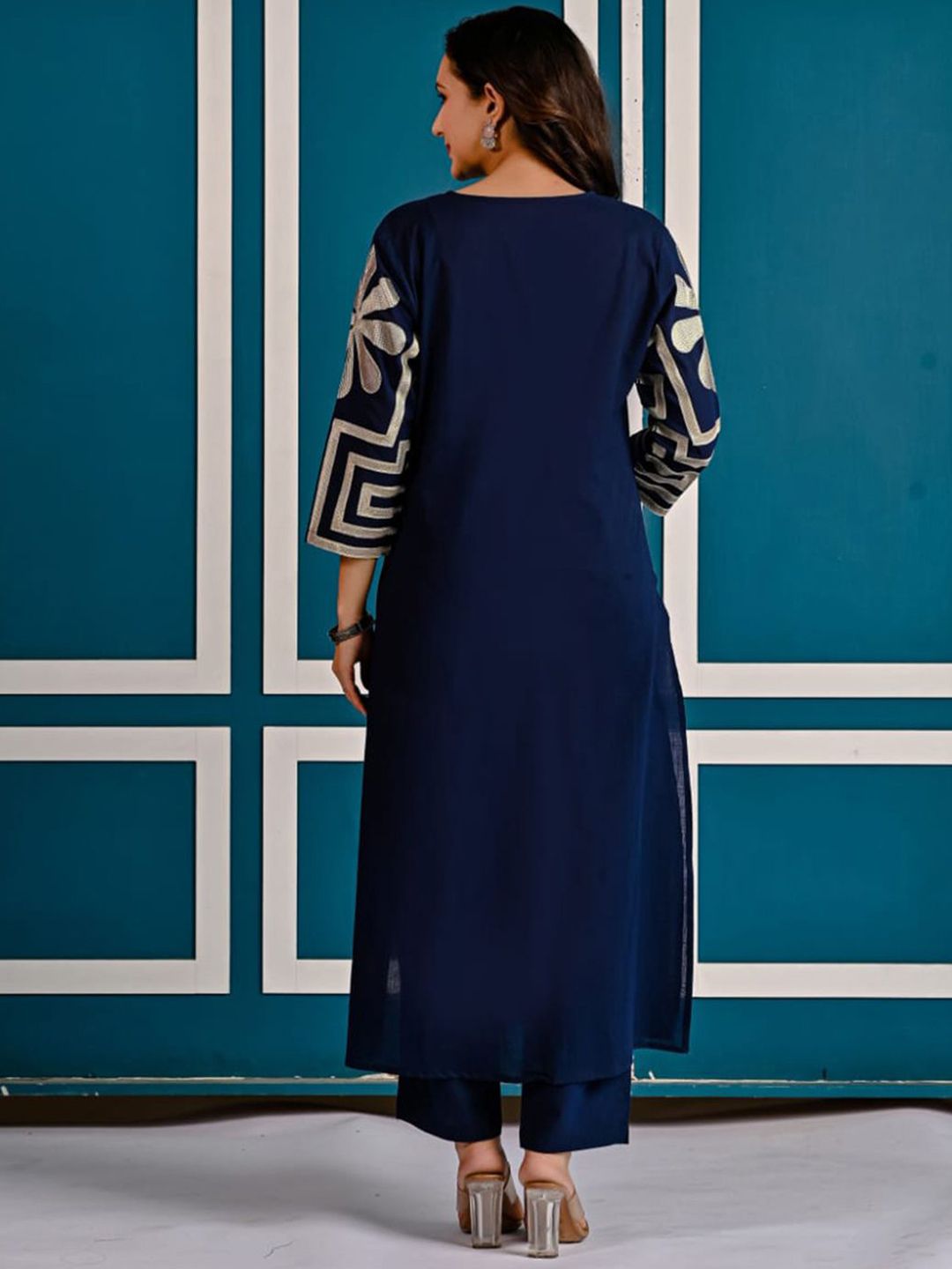 Dhiyona IE Embroidered Pure Cotton V-Neck Top With Trousers Co-Ords