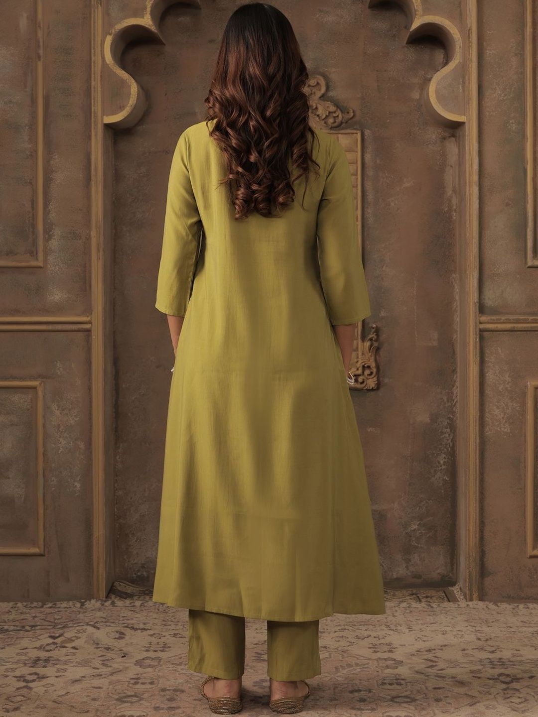 Women Green Silk Blend Ethnic Motifs Empire Mirror Work Kurta Trousers & Dupatta