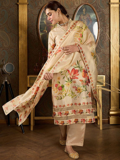 Dhiyona IE Floral Printed V Neck Kurta With Trousers & Dupatta