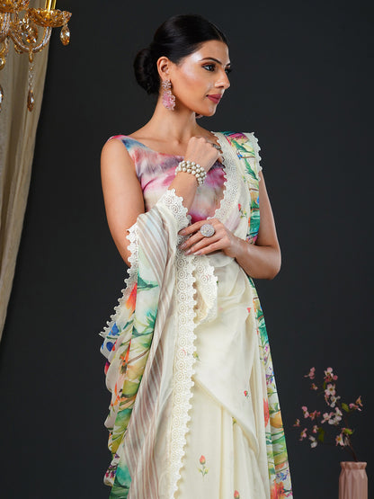 Women's Georgette Multicolored Digital Print Designer Saree With Blouse Piece
