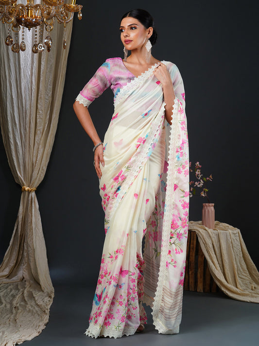 Women's Georgette Multicolored Digital Print Designer Saree With Blouse Piece
