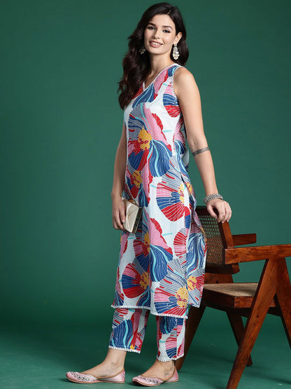 Floral Printed V-Neck Straight Pure Cotton Kurta With Trousers
