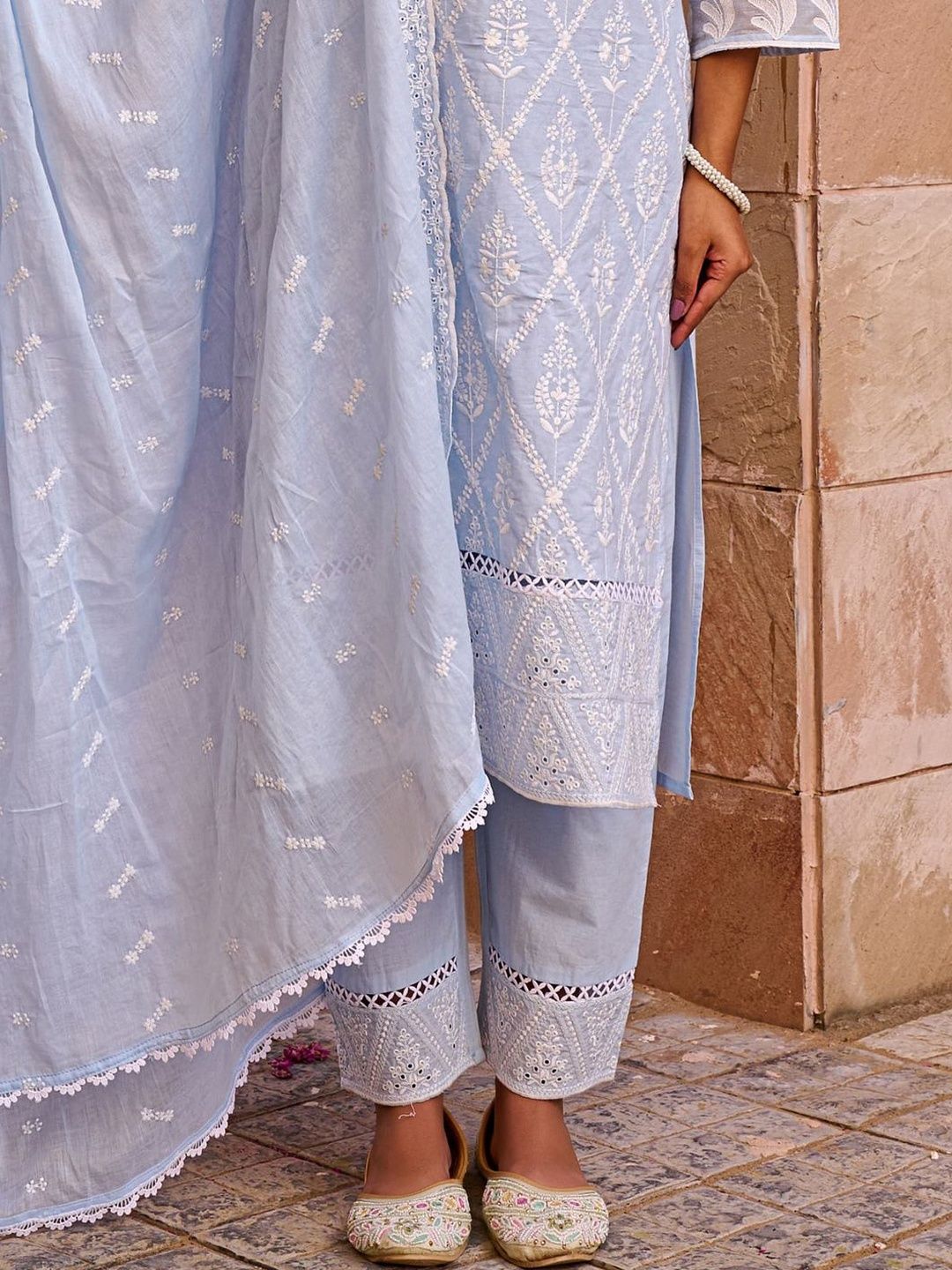 Women Ethnic Motifs Embroidered Cotton Kurta with Trousers & Dupatta