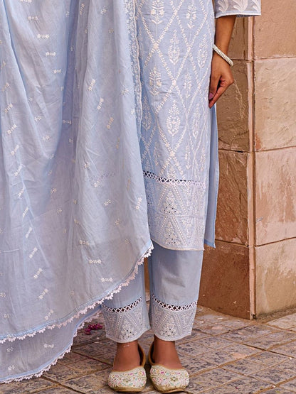 Women Ethnic Motifs Embroidered Cotton Kurta with Trousers & Dupatta