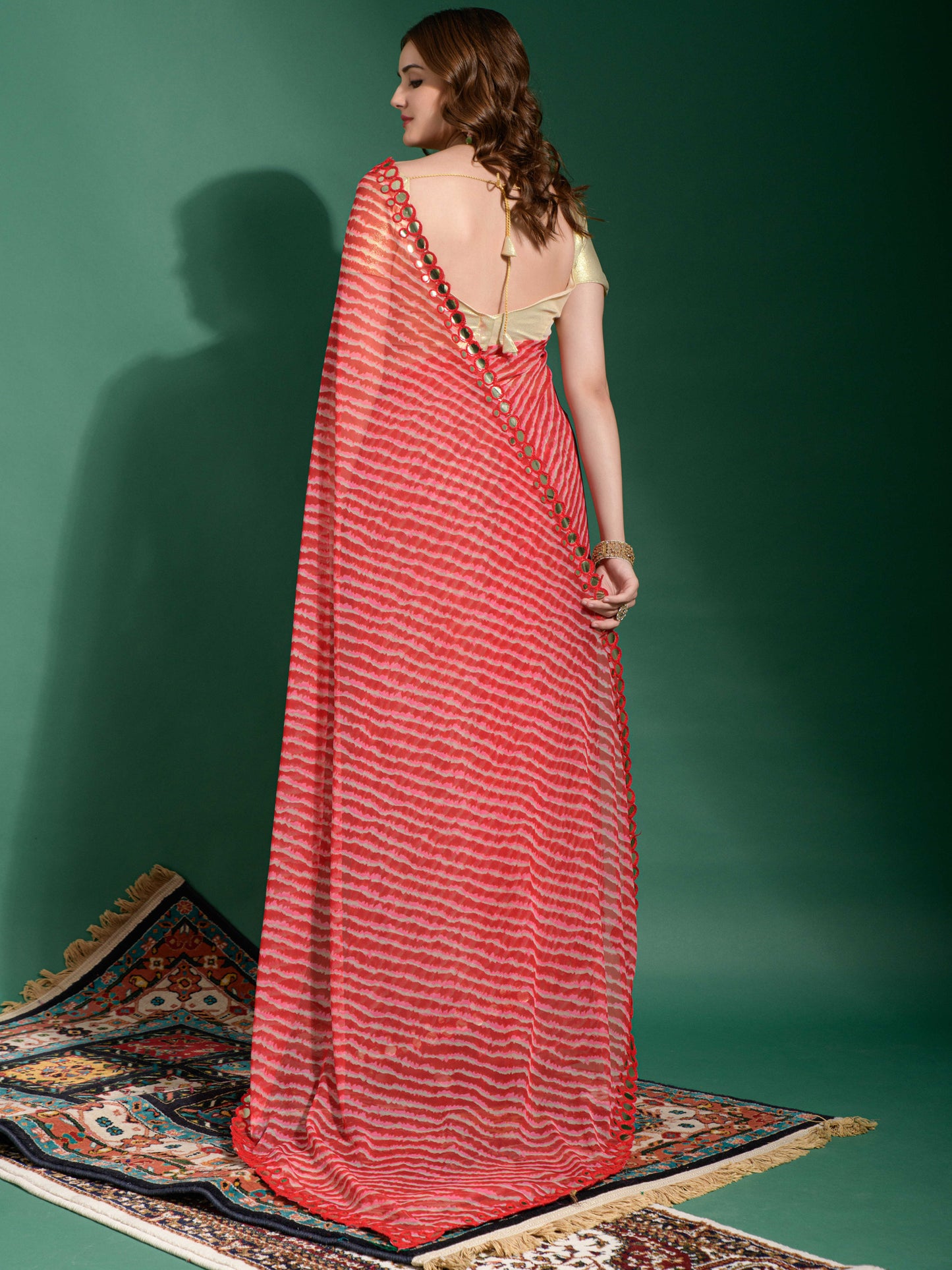 Women's Chiffon Red Embellished Designer Saree With Blouse Piece