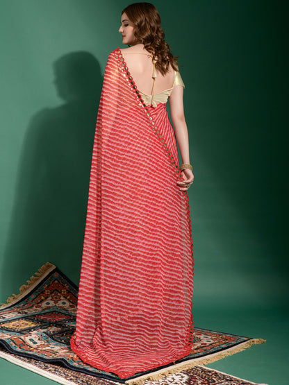 Women's Chiffon Red Embellished Designer Saree With Blouse Piece