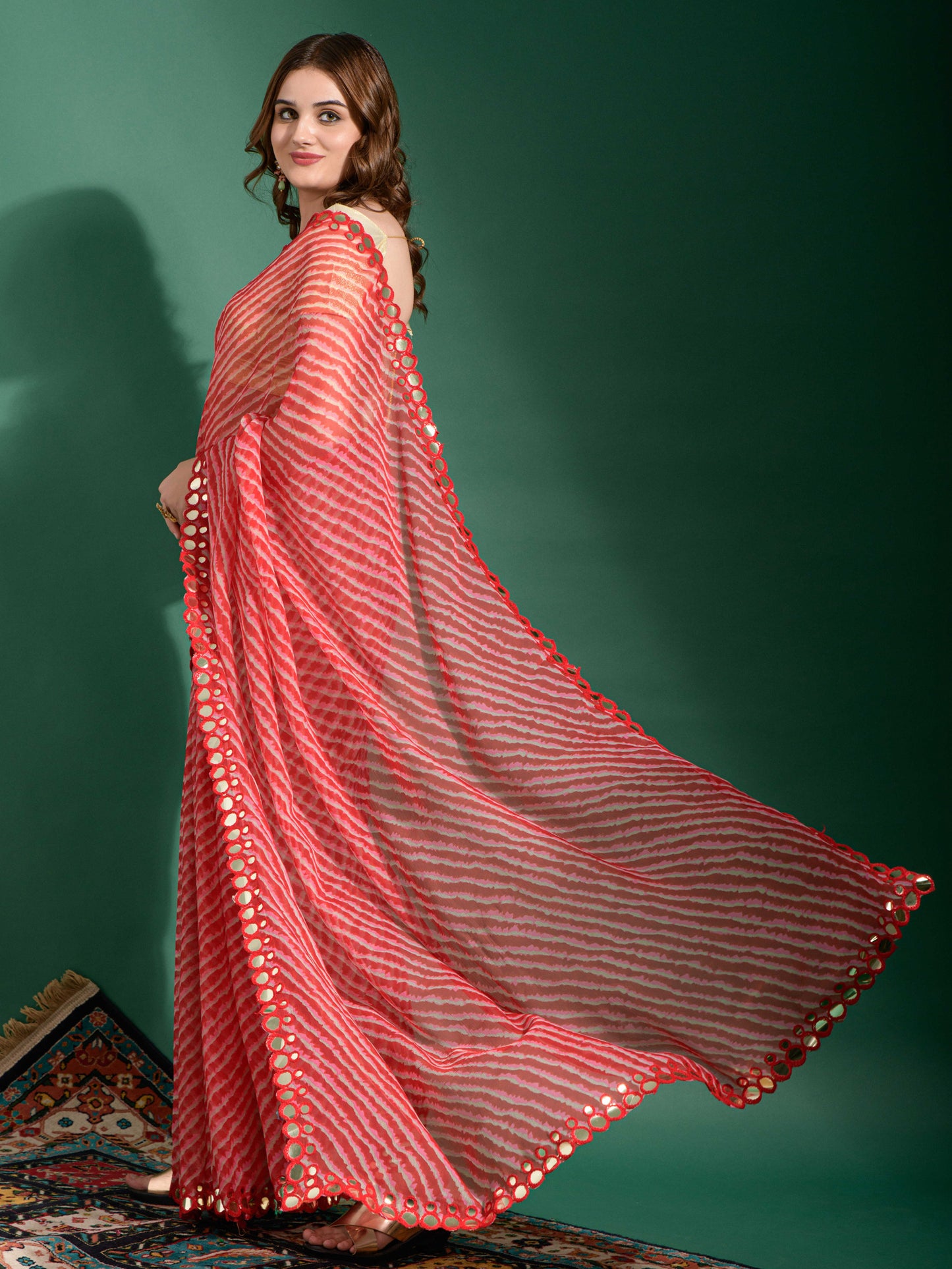 Women's Chiffon Red Embellished Designer Saree With Blouse Piece