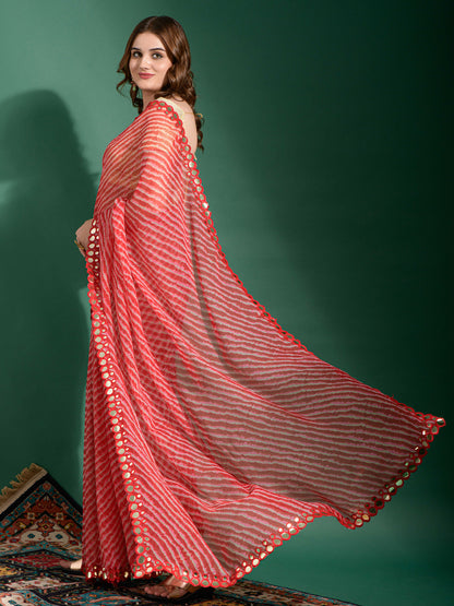 Women's Chiffon Red Embellished Designer Saree With Blouse Piece