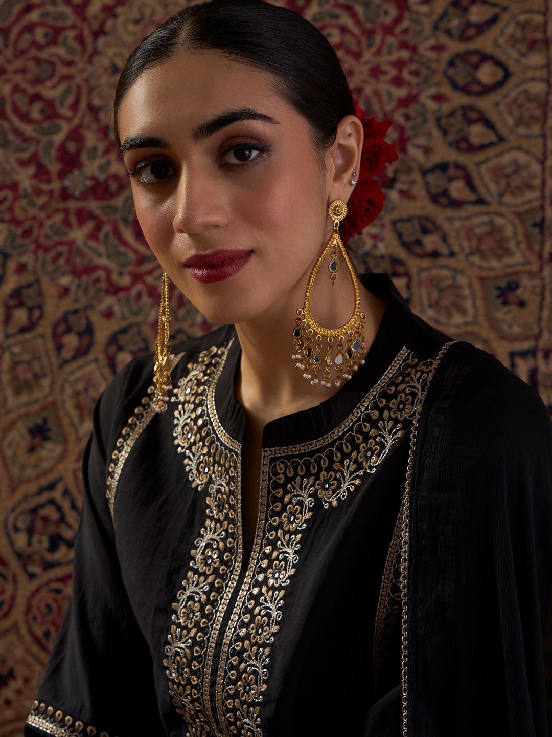 Embroidered Notch Neck Sequinned Straight Kurta With Trousers & Dupatta