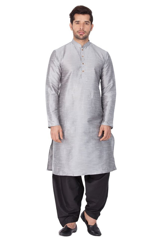 Men's Grey Silk Blend Straight Kurta and Dhoti Set