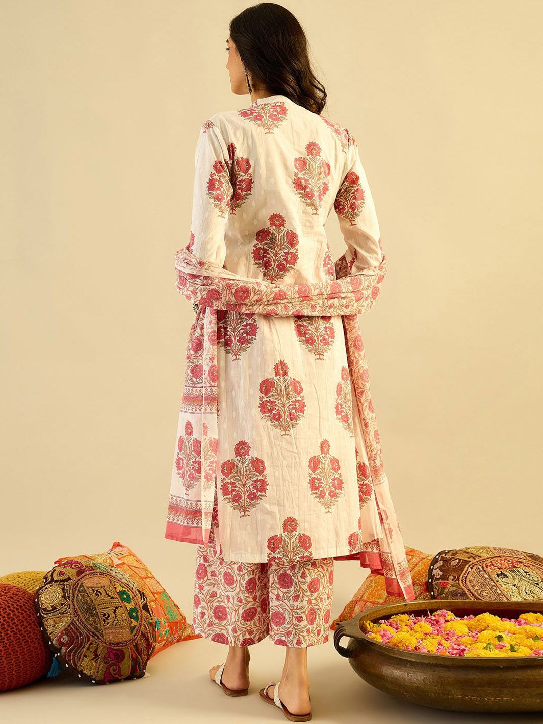 Ethnic Motifs Embroidered Anarkali Pure Cotton Kurta with Palazzos & With Dupatta