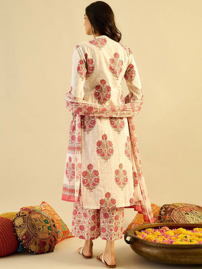 Ethnic Motifs Embroidered Anarkali Pure Cotton Kurta with Palazzos & With Dupatta