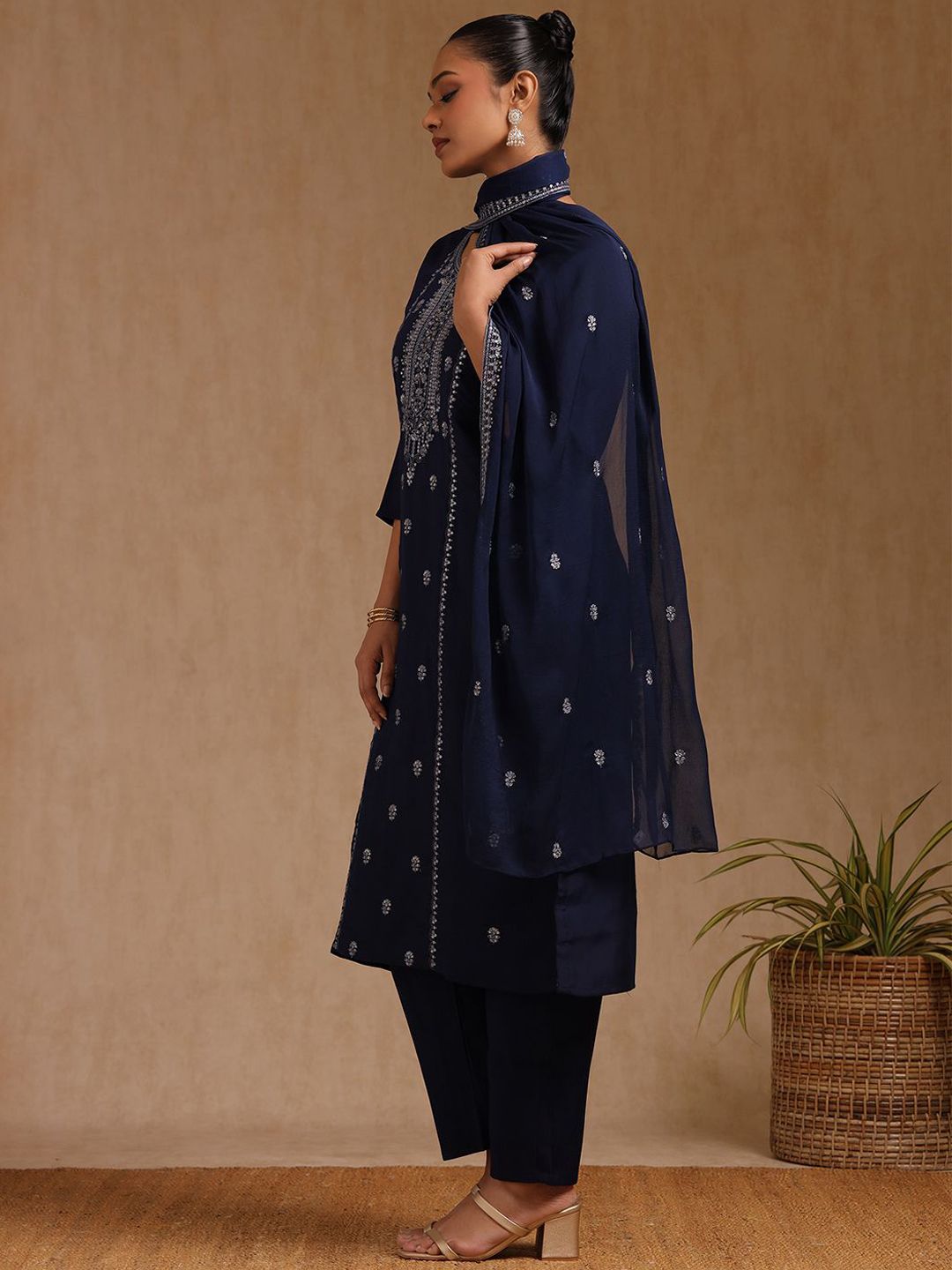 Dhiyona SO Women's Floral Embroidered Round Neck Sequinned Straight Kurta With Trousers & Dupatta