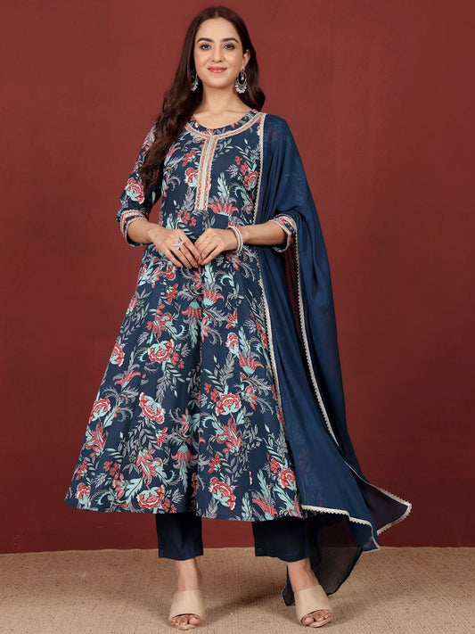 Dhiyona VA Women's Floral Printed Regular Pure Cotton Kurta with Trousers & With Dupatta