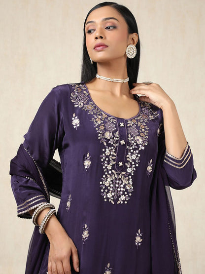 Dhiyona SO Women's Floral Embroidered Mirror Work Round Neck Straight Kurta With Sharara & Dupatta