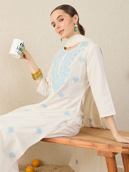 Women Floral Embroidered Cotton Kurta with Trousers & Dupatta