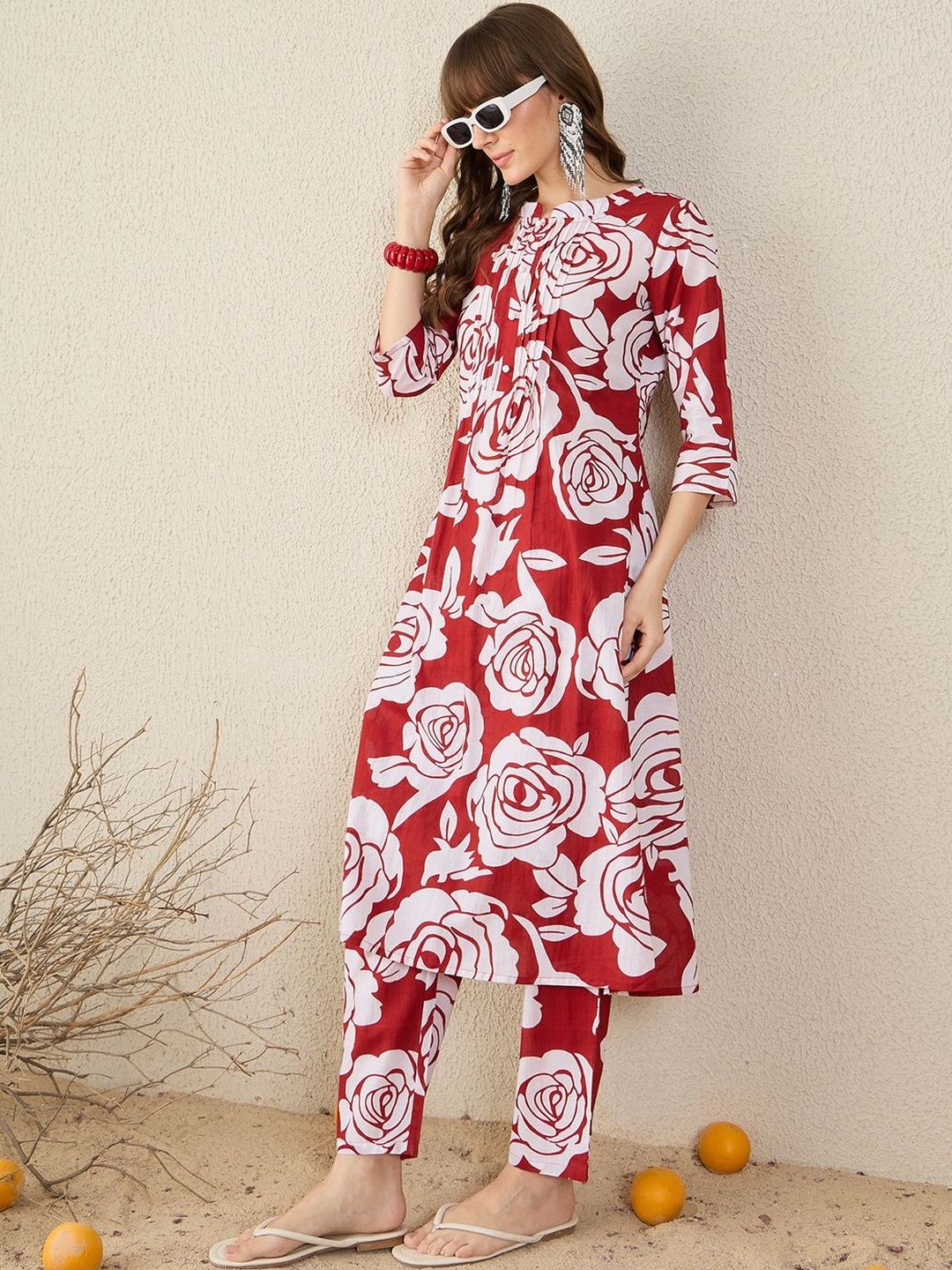 Floral Printed Pleated Mandarin Collar Pure Cotton A-Line Kurta with Trousers