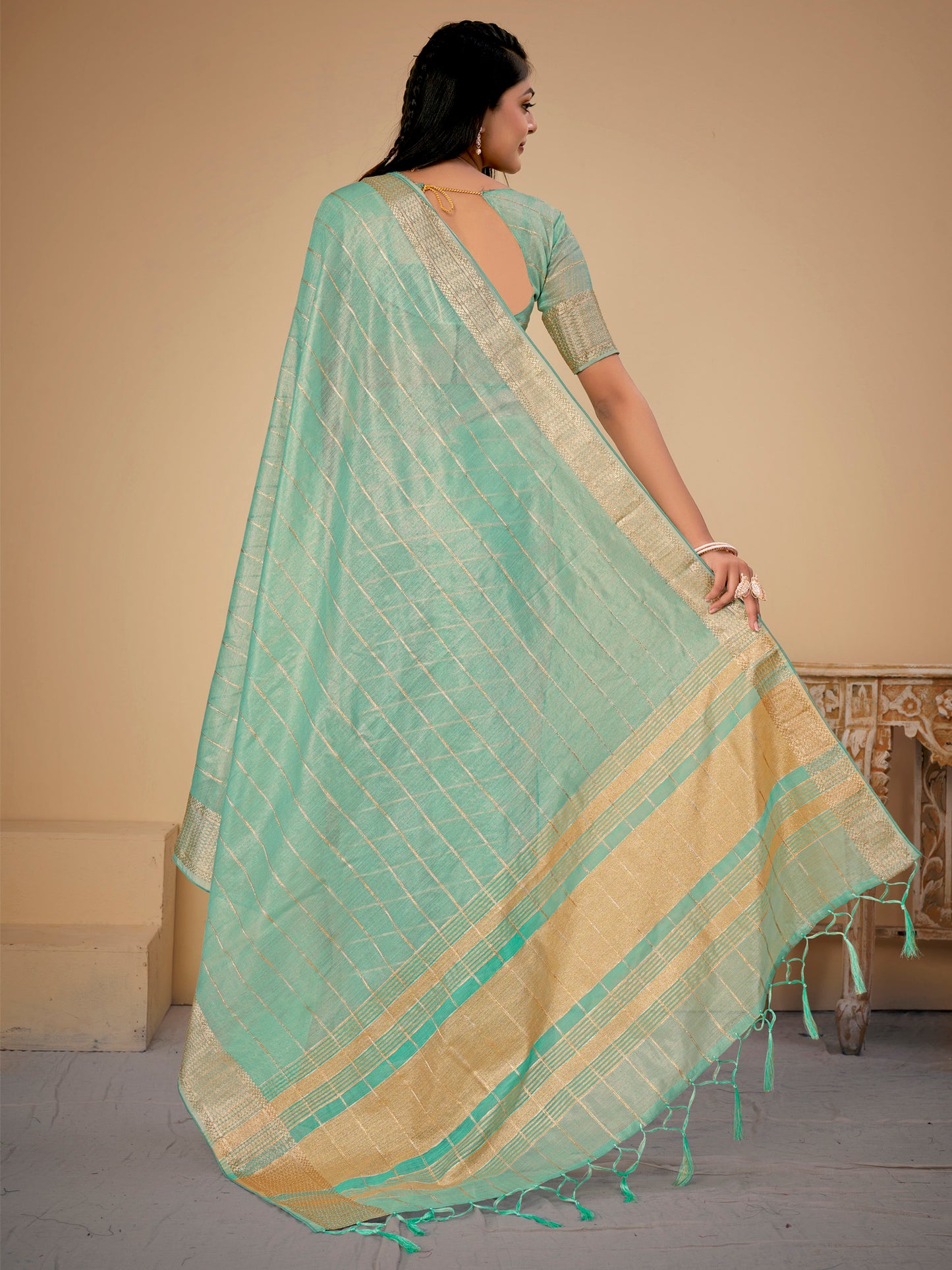 Women's Cotton Silk Light Blue Woven Design Designer Saree With Blouse Piece
