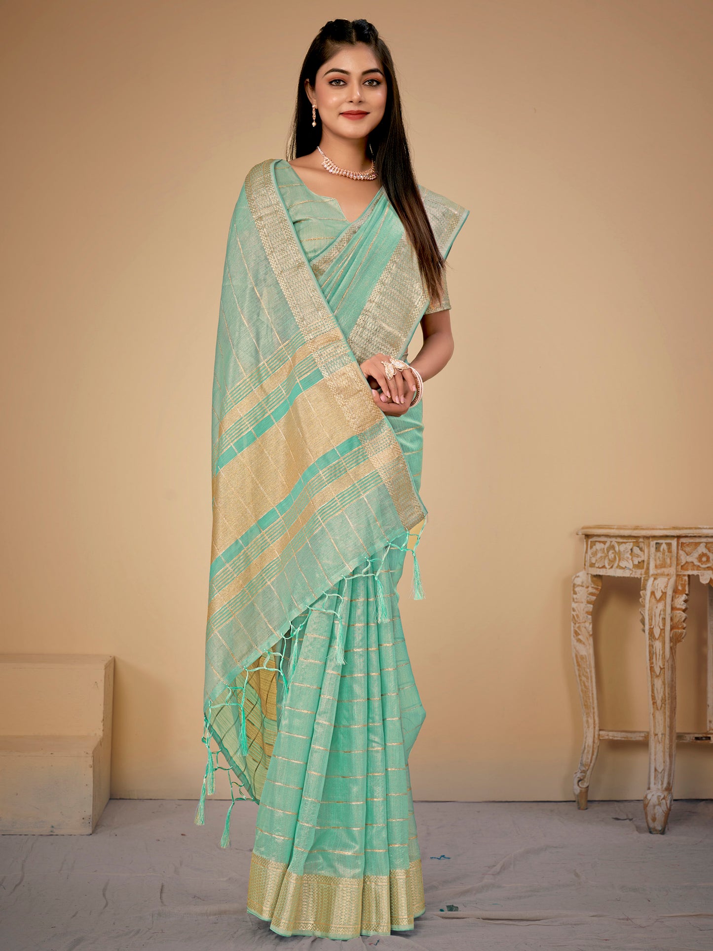 Women's Cotton Silk Light Blue Woven Design Designer Saree With Blouse Piece