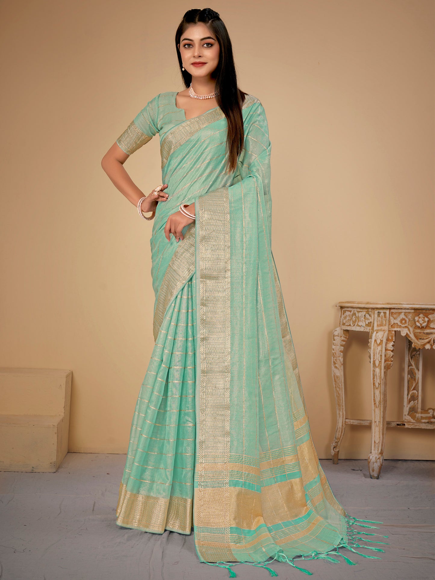 Women's Cotton Silk Light Blue Woven Design Designer Saree With Blouse Piece