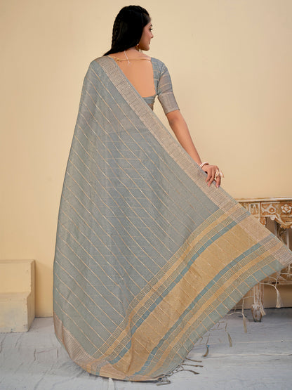 Women's Cotton Silk Grey Woven Design Designer Saree With Blouse Piece