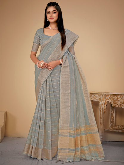 Women's Cotton Silk Grey Woven Design Designer Saree With Blouse Piece