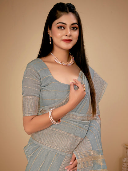 Women's Cotton Silk Grey Woven Design Designer Saree With Blouse Piece