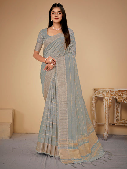 Women's Cotton Silk Grey Woven Design Designer Saree With Blouse Piece