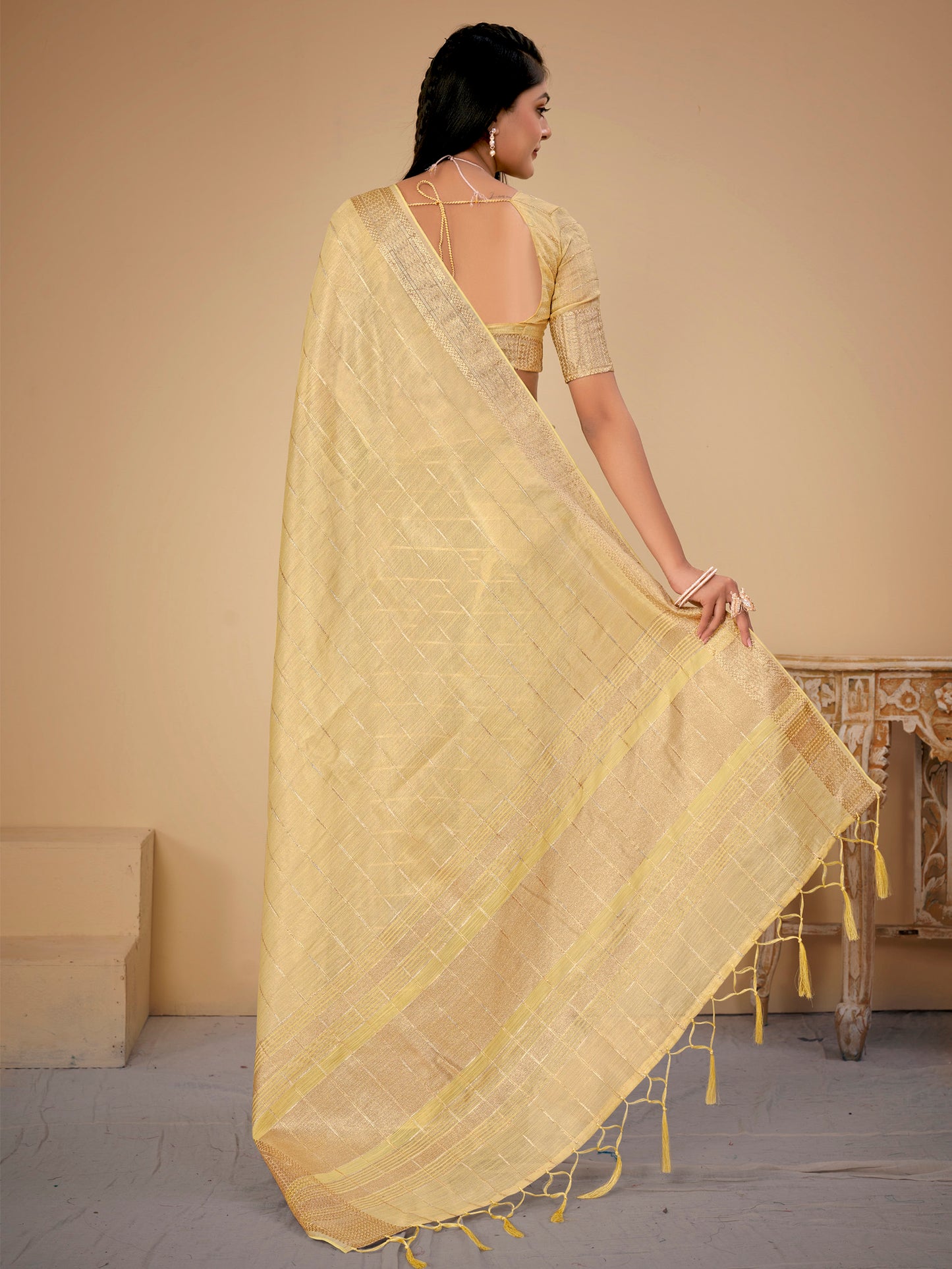 Women's Cotton Silk Yellow Woven Design Designer Saree With Blouse Piece